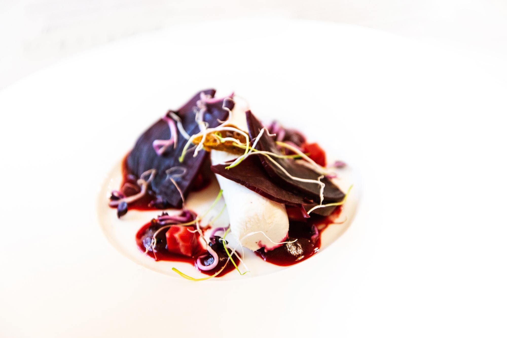 Close-up of plated dish with seasonal garnish